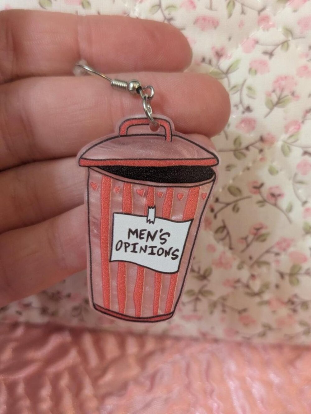 handmade pink trash can " mens opinions " funny dangle earrings